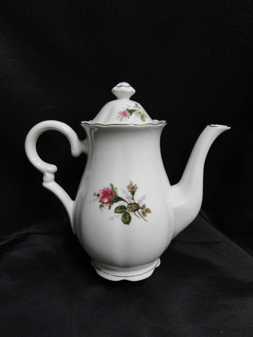 White w/ Pink Moss Rose, Gold Trim: Coffee Pot & Lid, 8 1/4" Tall