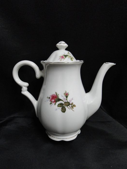White w/ Pink Moss Rose, Gold Trim: Coffee Pot & Lid, 8 1/4" Tall