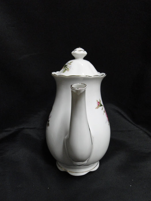 White w/ Pink Moss Rose, Gold Trim: Coffee Pot & Lid, 8 1/4" Tall