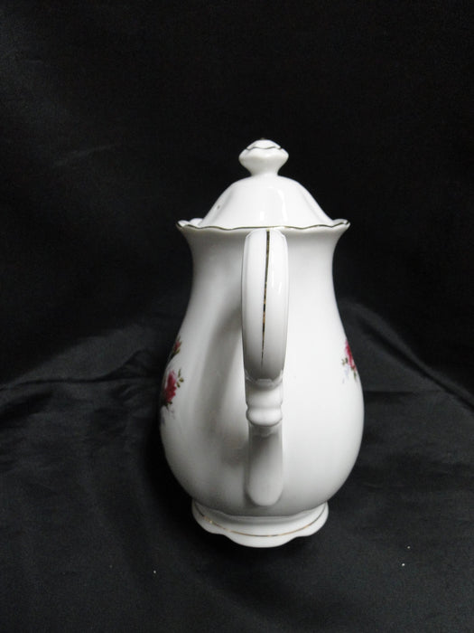 White w/ Pink Moss Rose, Gold Trim: Coffee Pot & Lid, 8 1/4" Tall