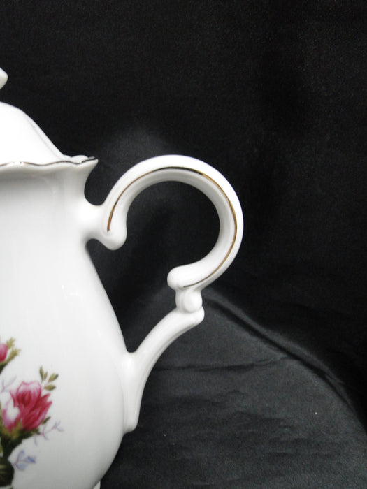 White w/ Pink Moss Rose, Gold Trim: Coffee Pot & Lid, 8 1/4" Tall