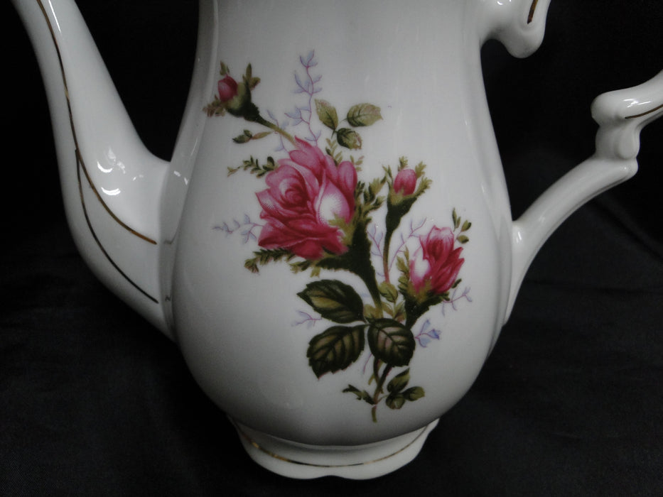 White w/ Pink Moss Rose, Gold Trim: Coffee Pot & Lid, 8 1/4" Tall