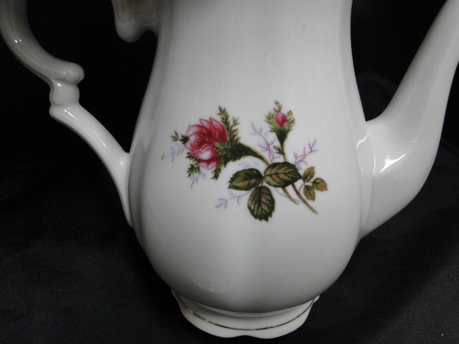 White w/ Pink Moss Rose, Gold Trim: Coffee Pot & Lid, 8 1/4" Tall