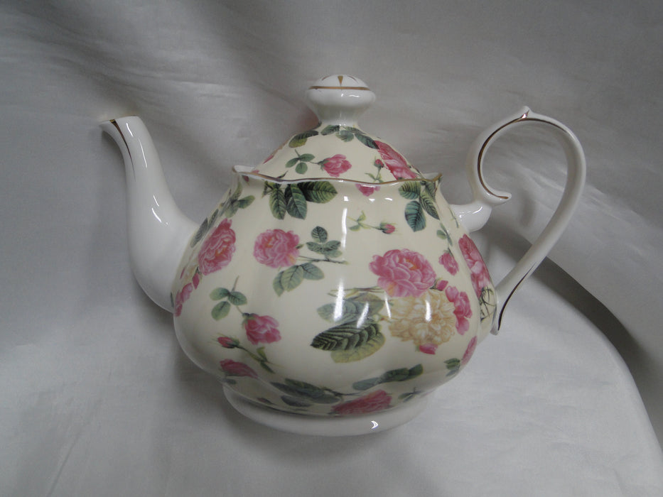Coastline Imports Gracie China Pink Roses on Pale Yellow: Teapot & Lid, 6"