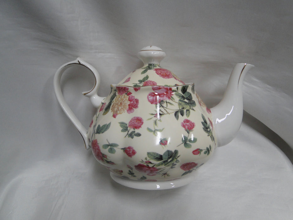 Coastline Imports Gracie China Pink Roses on Pale Yellow: Teapot & Lid, 6"