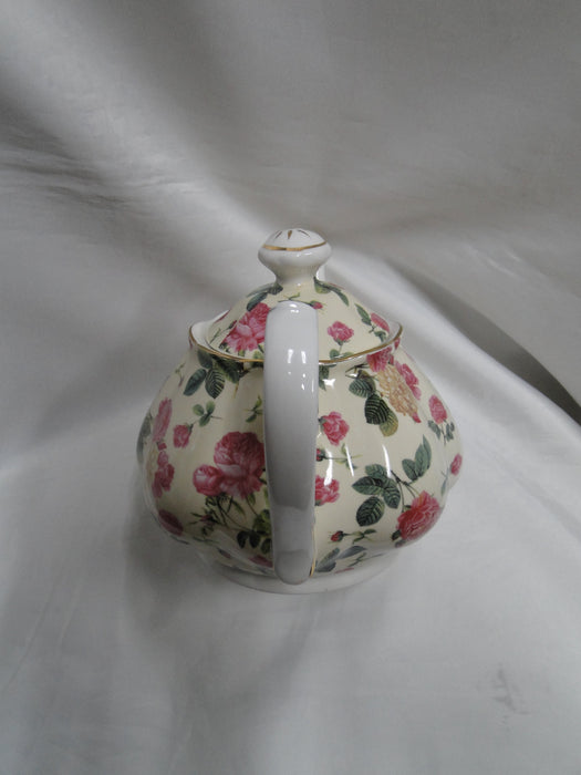 Coastline Imports Gracie China Pink Roses on Pale Yellow: Teapot & Lid, 6"