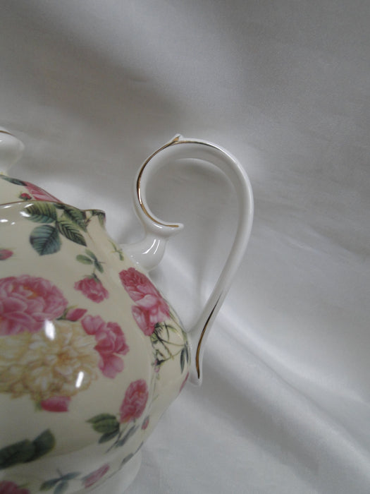 Coastline Imports Gracie China Pink Roses on Pale Yellow: Teapot & Lid, 6"