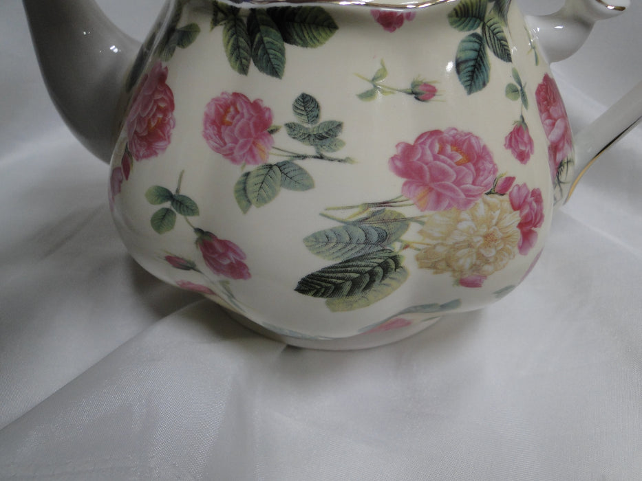 Coastline Imports Gracie China Pink Roses on Pale Yellow: Teapot & Lid, 6"