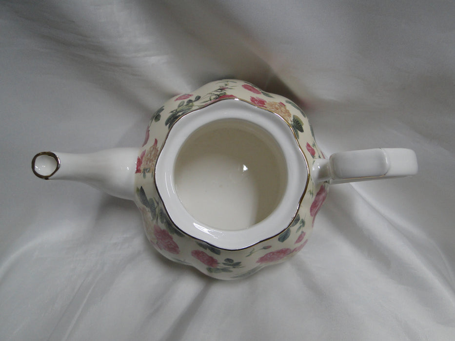 Coastline Imports Gracie China Pink Roses on Pale Yellow: Teapot & Lid, 6"