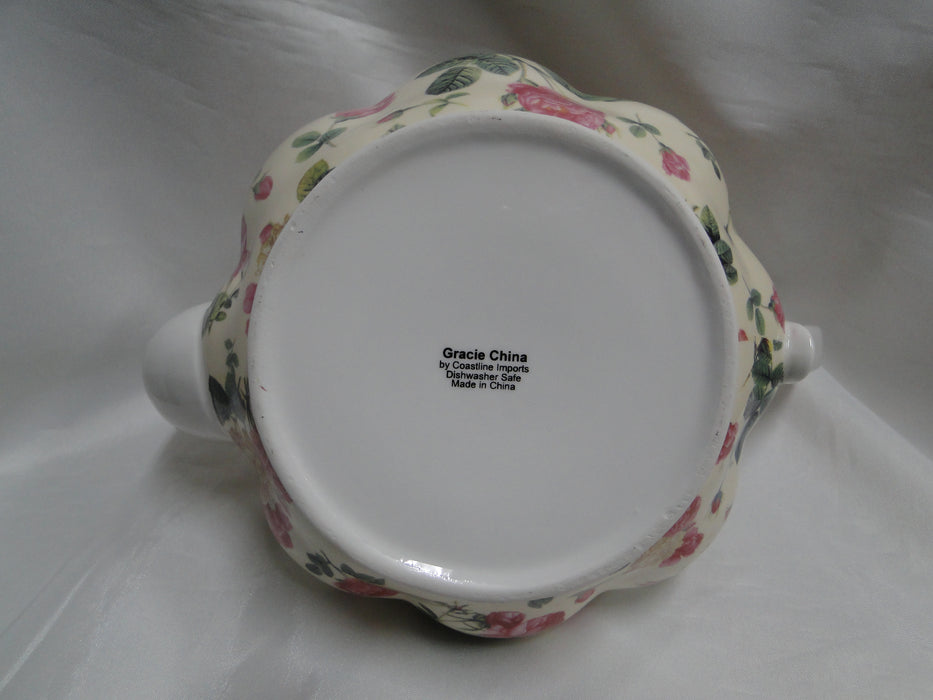 Coastline Imports Gracie China Pink Roses on Pale Yellow: Teapot & Lid, 6"