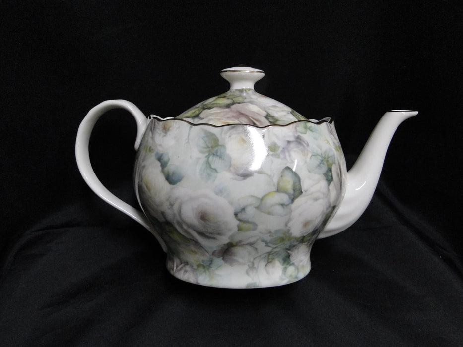 Grace's Teaware White Roses & Green Leaves: Teapot & Lid, 6 1/8"Tall
