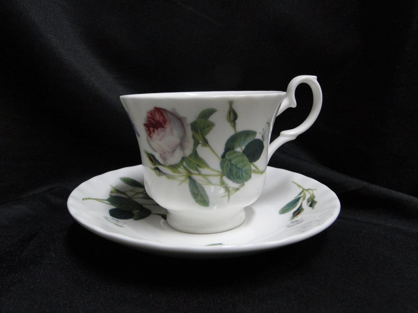 Roy Kirkham, White w/ Redoute Roses: Cup & Saucer Set (s), 2 7/8", No Gold Trim