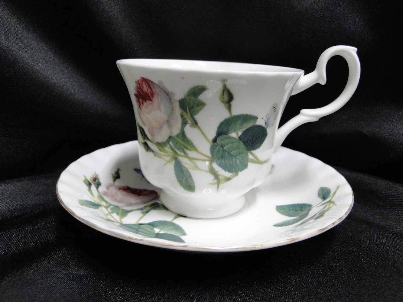 Roy Kirkham, White w/ Redoute Roses: Cup & Saucer Set, 2 7/8", Gold Trim