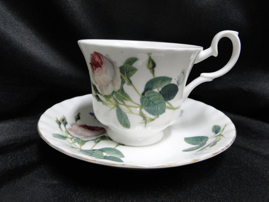 Roy Kirkham, White w/ Redoute Roses: Cup & Saucer Set, 2 7/8", Gold Trim