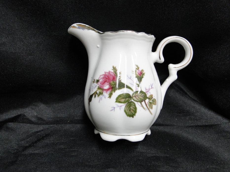 White w/ Pink Moss Rose, Gold Trim: Creamer / Cream Pitcher, 3 3/4" Tall