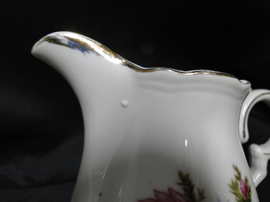 White w/ Pink Moss Rose, Gold Trim: Creamer / Cream Pitcher, 3 3/4" Tall