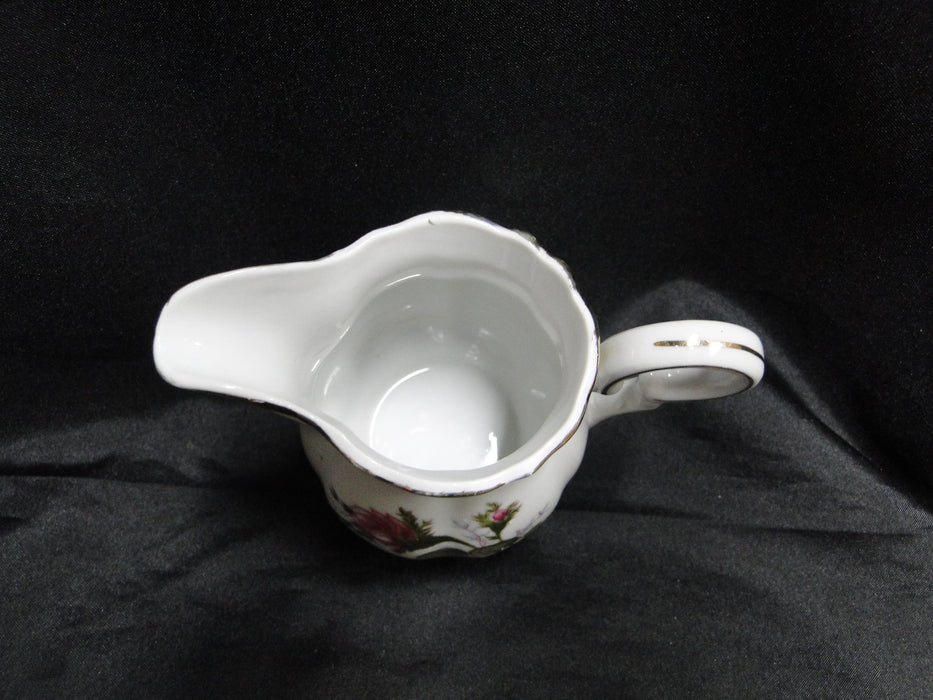 White w/ Pink Moss Rose, Gold Trim: Creamer / Cream Pitcher, 3 3/4" Tall