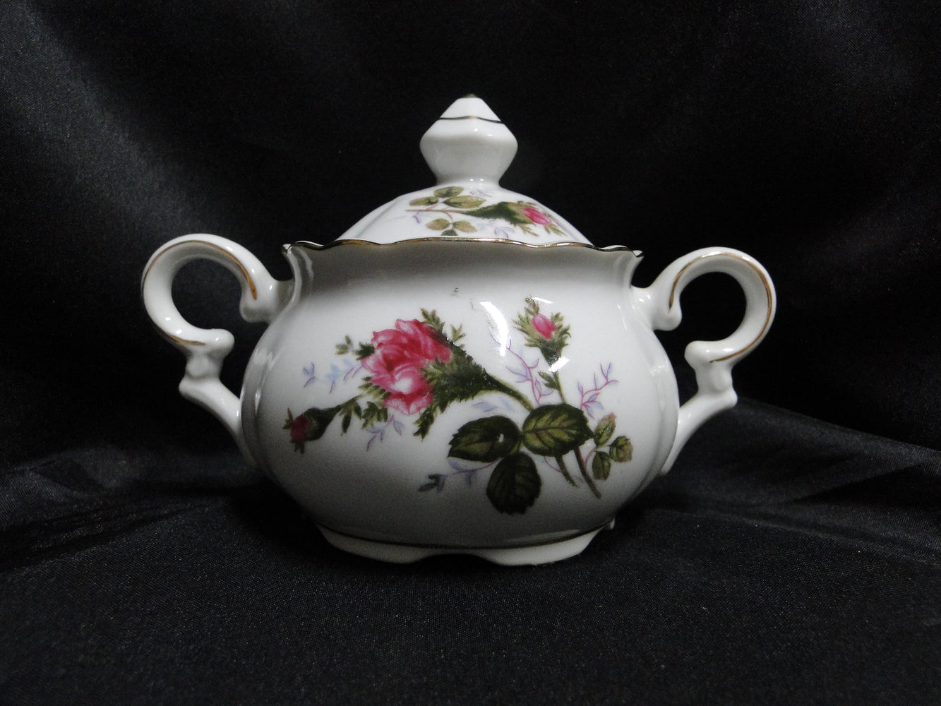 White w/ Pink Moss Rose, Gold Trim: Sugar Bowl & Lid, 3 7/8" Tall