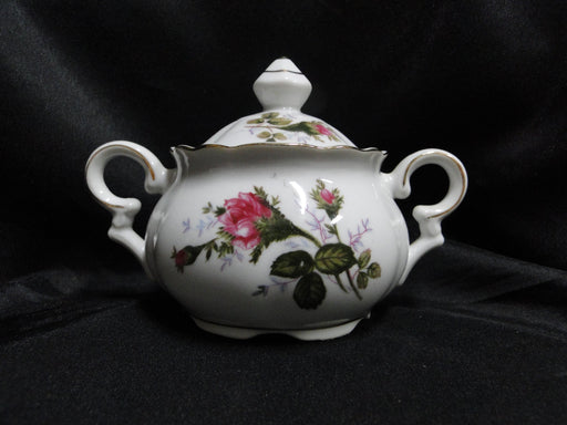 White w/ Pink Moss Rose, Gold Trim: Sugar Bowl & Lid, 3 7/8" Tall
