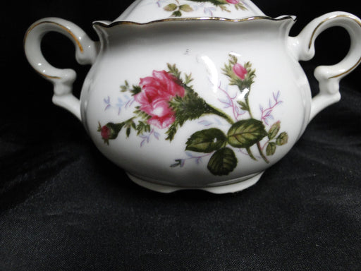 White w/ Pink Moss Rose, Gold Trim: Sugar Bowl & Lid, 3 7/8" Tall