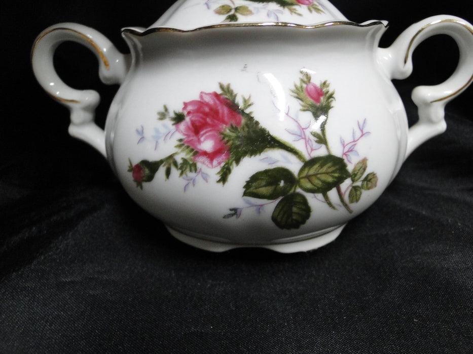 White w/ Pink Moss Rose, Gold Trim: Sugar Bowl & Lid, 3 7/8" Tall