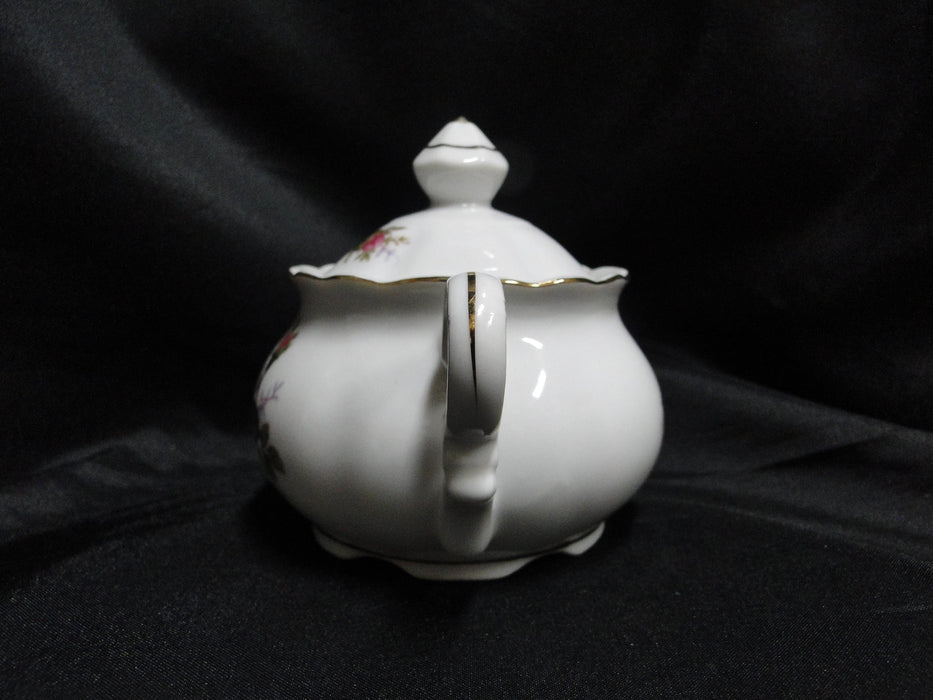 White w/ Pink Moss Rose, Gold Trim: Sugar Bowl & Lid, 3 7/8" Tall