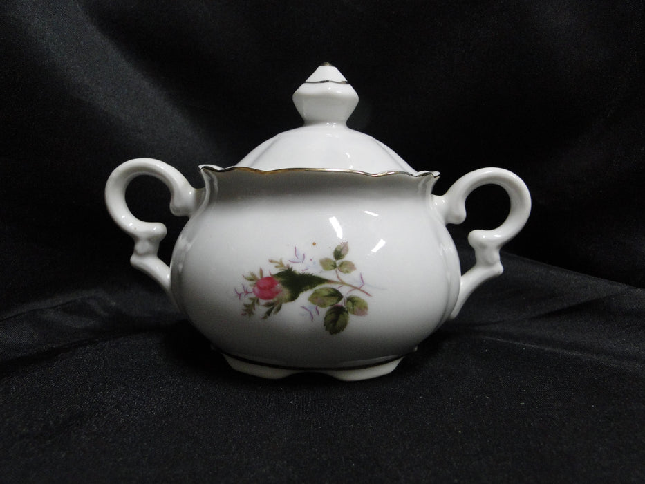 White w/ Pink Moss Rose, Gold Trim: Sugar Bowl & Lid, 3 7/8" Tall