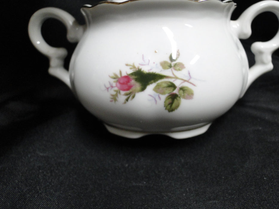 White w/ Pink Moss Rose, Gold Trim: Sugar Bowl & Lid, 3 7/8" Tall