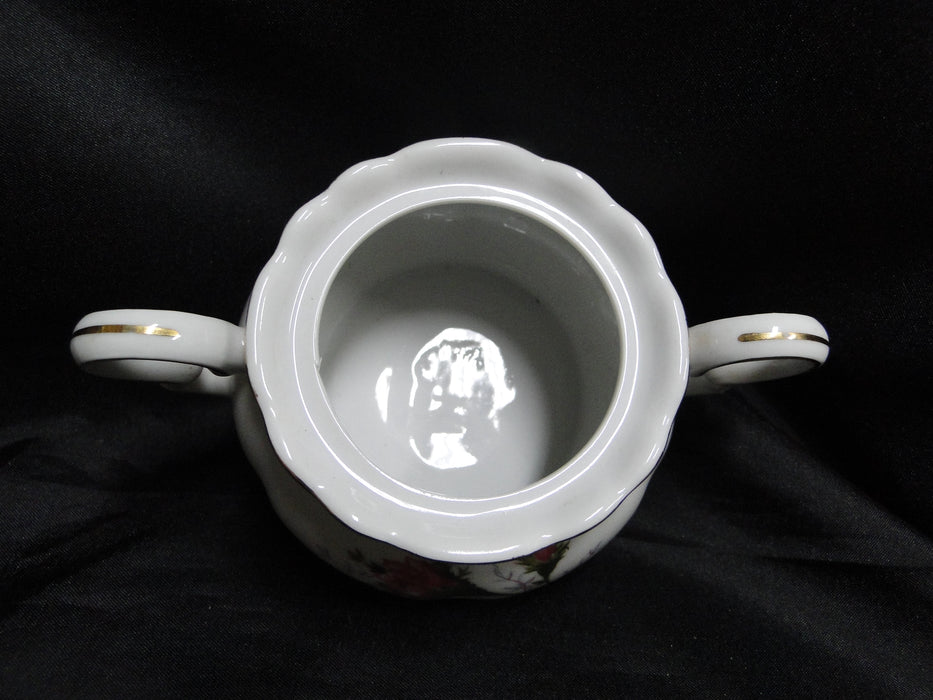 White w/ Pink Moss Rose, Gold Trim: Sugar Bowl & Lid, 3 7/8" Tall