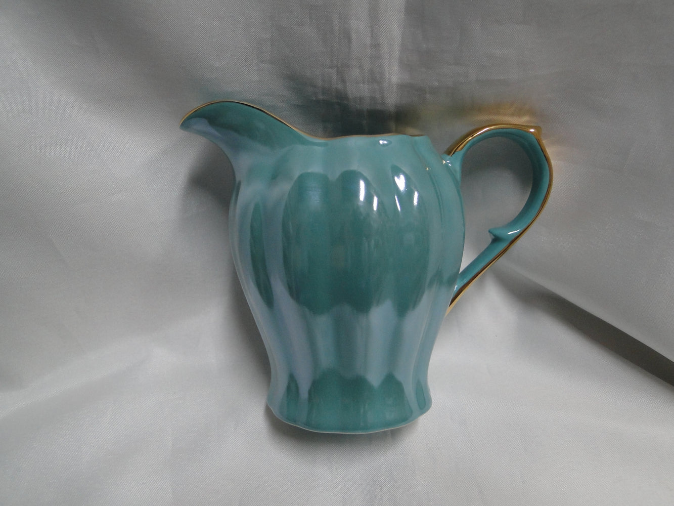 Grace's Teaware Teal w/ Gold Trim, Fluted: Creamer / Cream Pitcher, 4 1/8" Tall