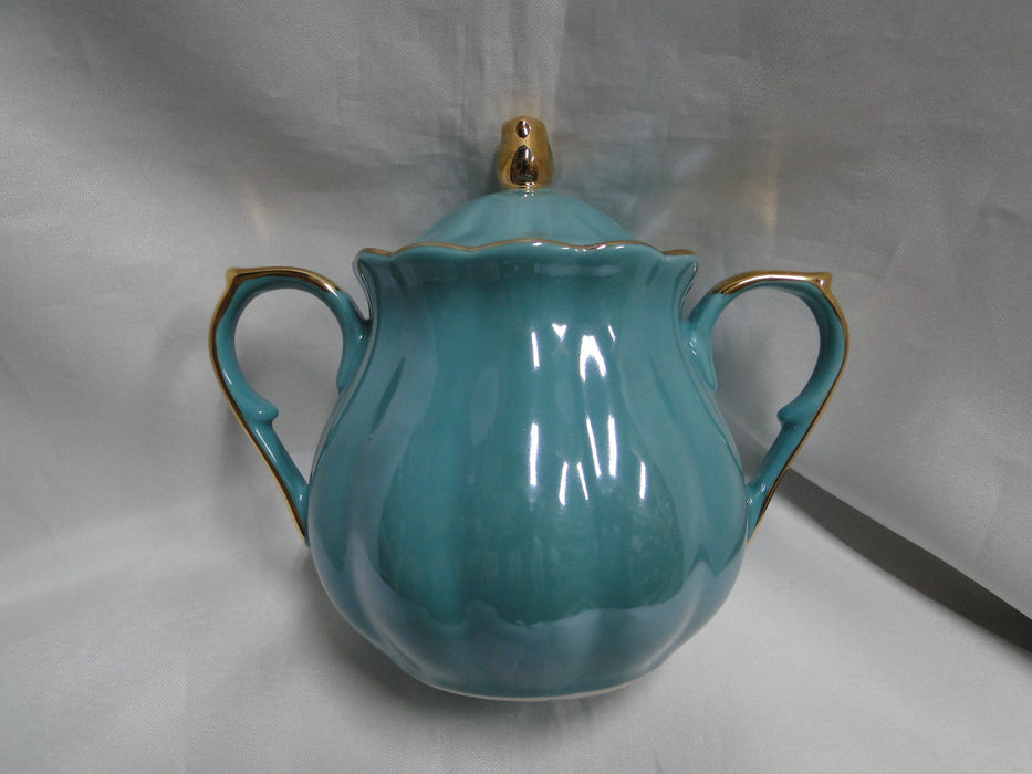 Grace's Teaware Teal w/ Gold Trim, Fluted: Sugar Bowl & Lid, 5" Tall