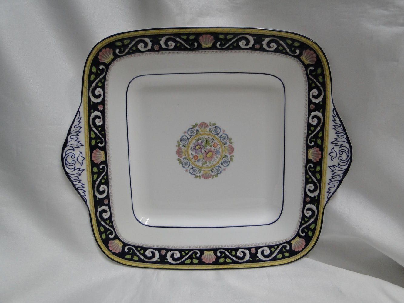 Wedgwood Runnymede Blue, Pink Shells: Square Handled Cake Plate, 10 7/8"