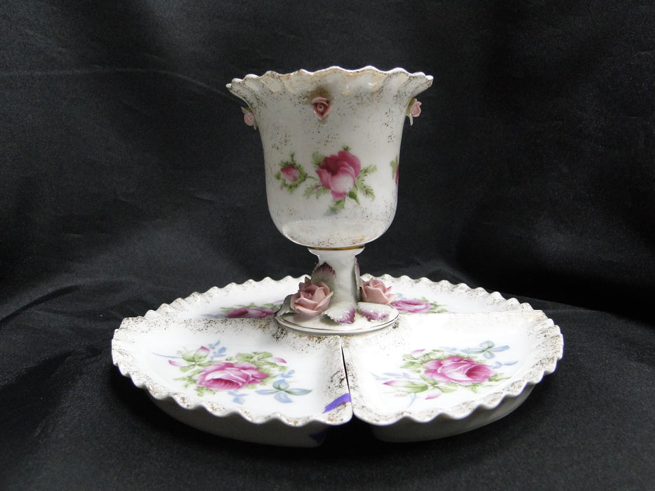 Lefton Antique Handpainted Pink Roses: Cigarette Holder & 4 Ashtrays Set, As Is