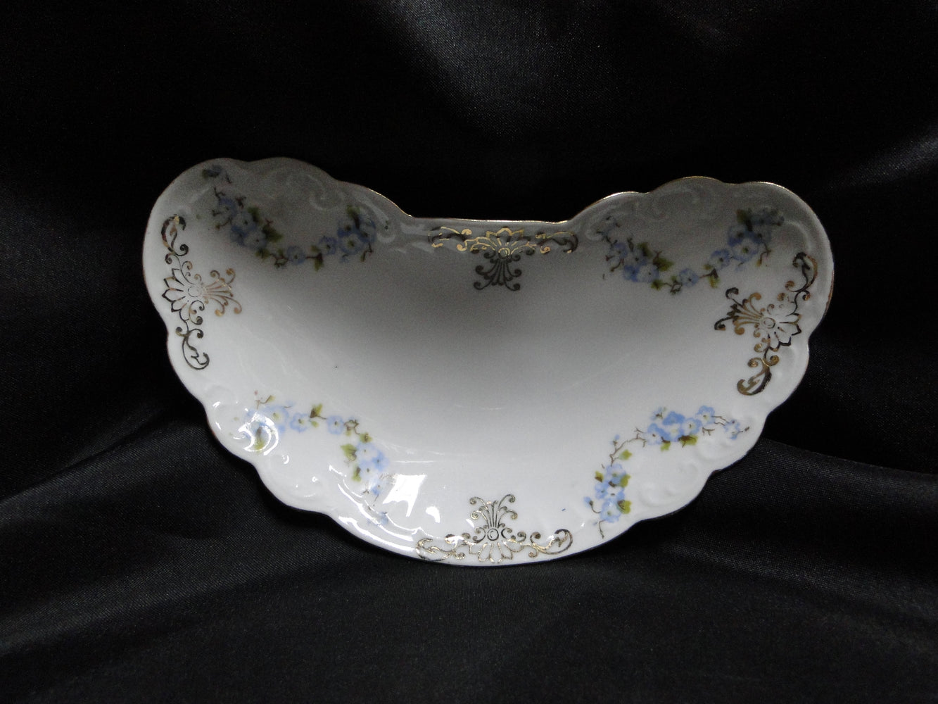Karlsbad Austria, Blue Floral Swags, Gold Trim: Crescent Bone Plate, 6 1/4"