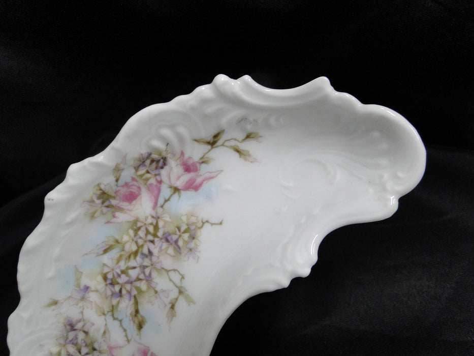 Pink Roses, Brown Leaves on White: Crescent Bone Plate, 6 1/2" x 2 3/4"