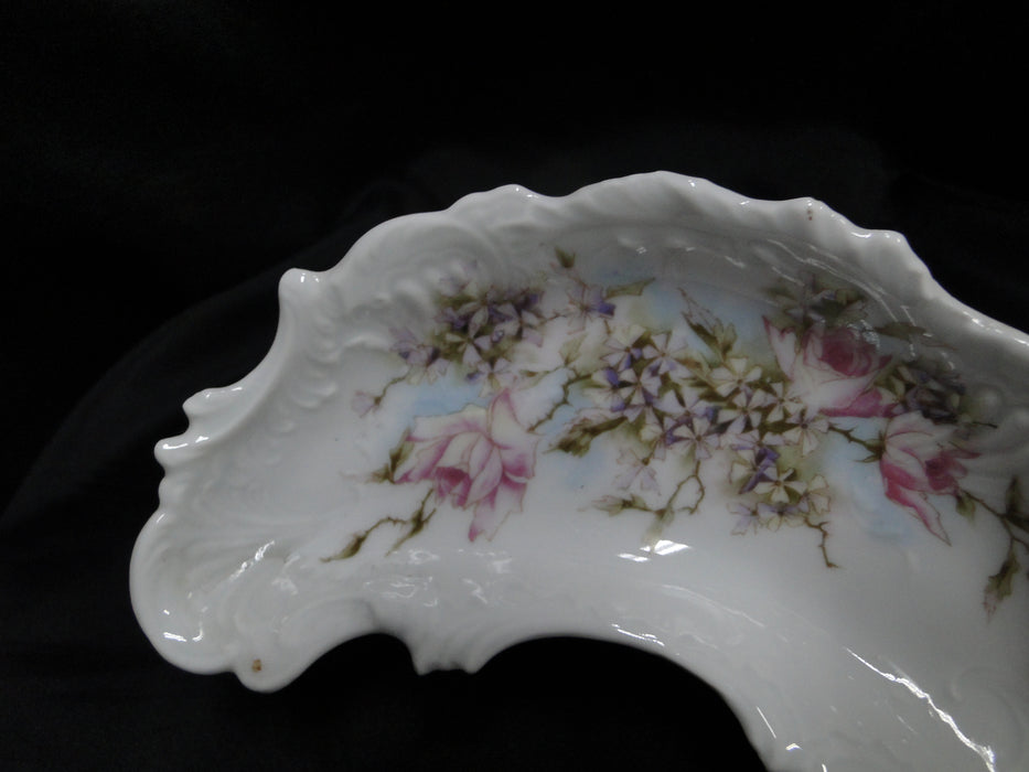 Pink Roses, Brown Leaves on White: Crescent Bone Plate, 6 1/2" x 2 3/4"