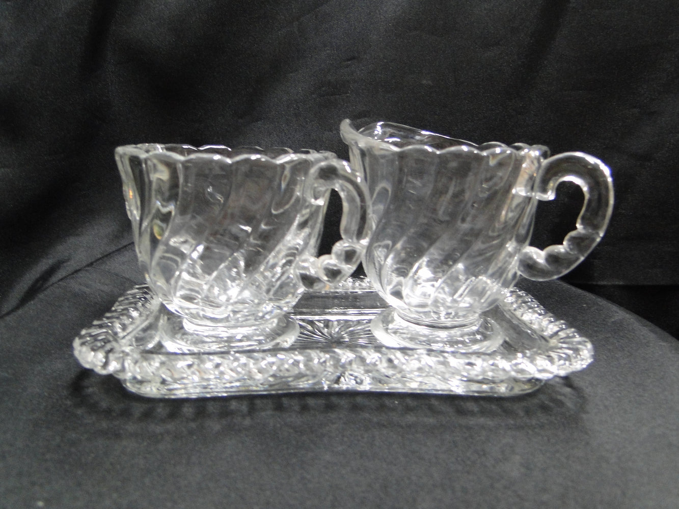 Fostoria Colony, Clear, Swirled: Mini Open Sugar Bowl, Mini Creamer, & Tray