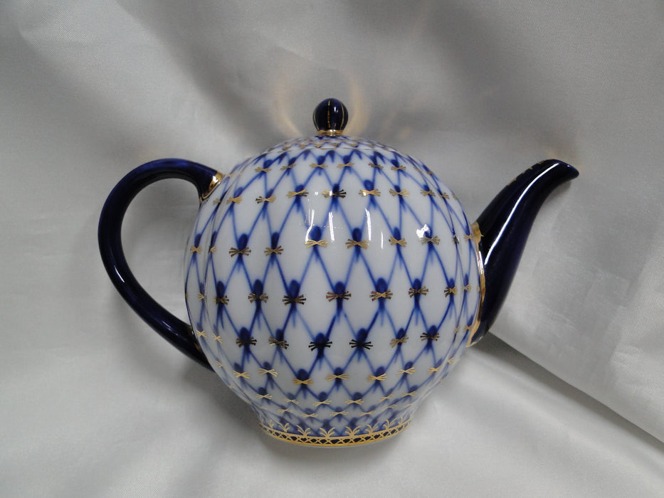 Lomonosov Cobalt Net, Russia, Blue & Gold: Mini Teapot & Lid, 5 1/4" Tall