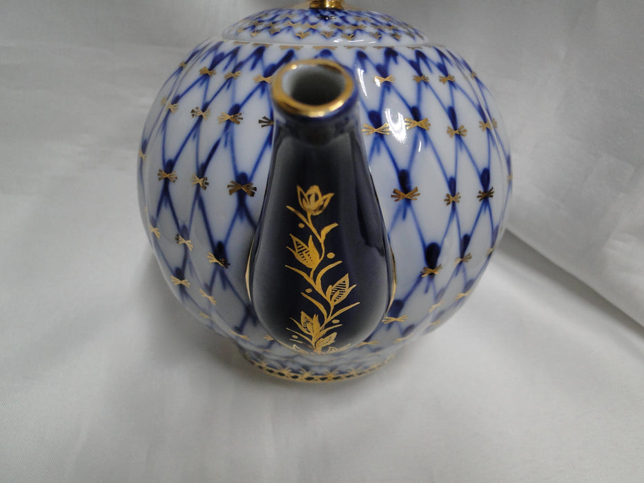 Lomonosov Cobalt Net, Russia, Blue & Gold: Mini Teapot & Lid, 5 1/4" Tall