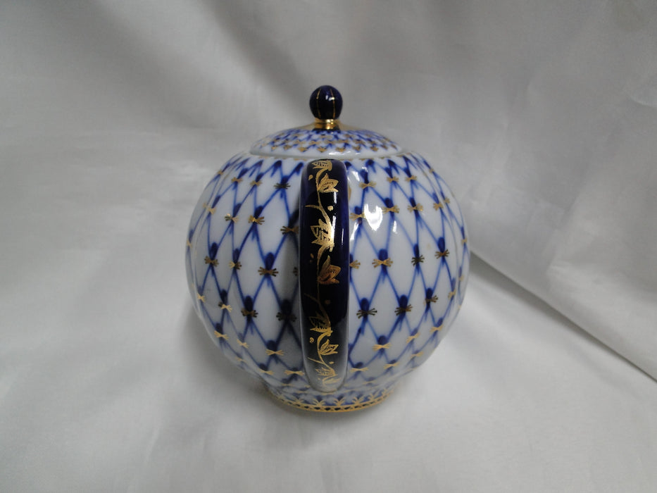Lomonosov Cobalt Net, Russia, Blue & Gold: Mini Teapot & Lid, 5 1/4" Tall