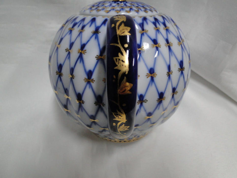 Lomonosov Cobalt Net, Russia, Blue & Gold: Mini Teapot & Lid, 5 1/4" Tall