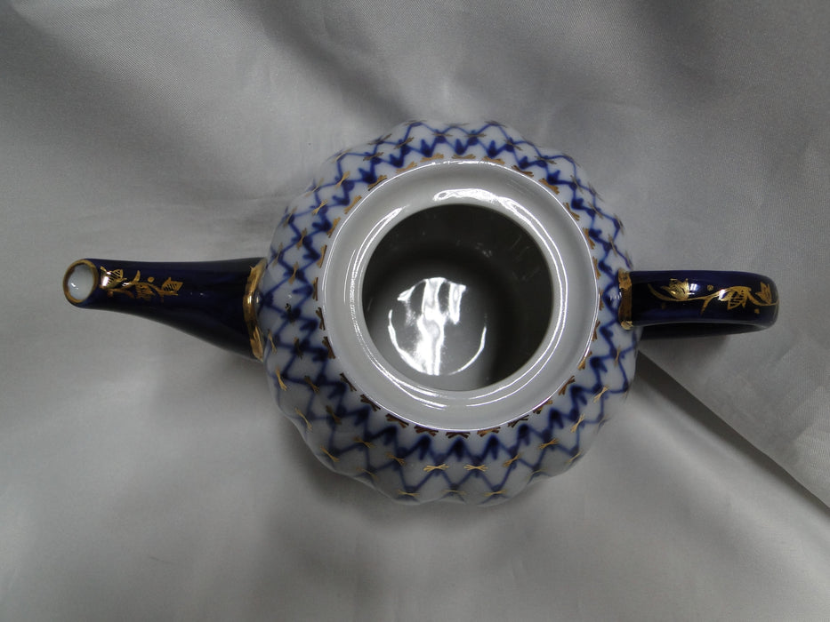 Lomonosov Cobalt Net, Russia, Blue & Gold: Mini Teapot & Lid, 5 1/4" Tall
