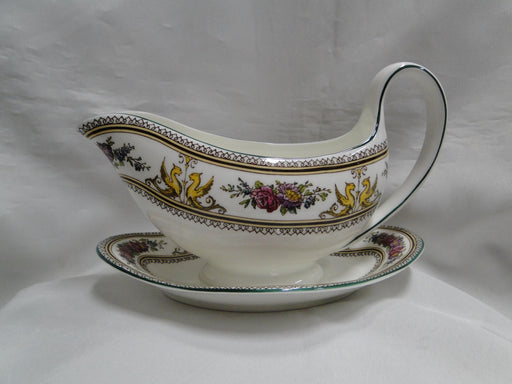 Wedgwood Columbia, White, Green Trim: Gravy Boat w/ Attached Underplate