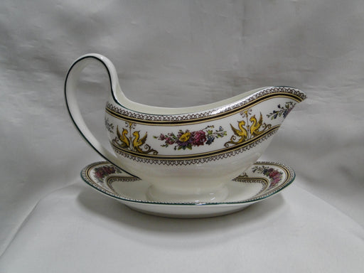 Wedgwood Columbia, White, Green Trim: Gravy Boat w/ Attached Underplate