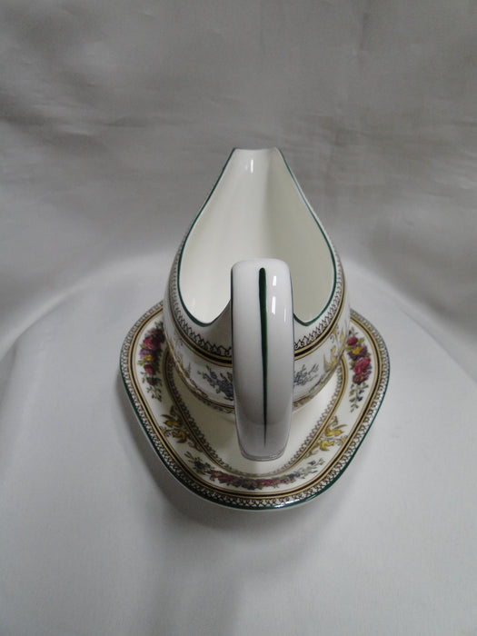 Wedgwood Columbia, White, Green Trim: Gravy Boat w/ Attached Underplate