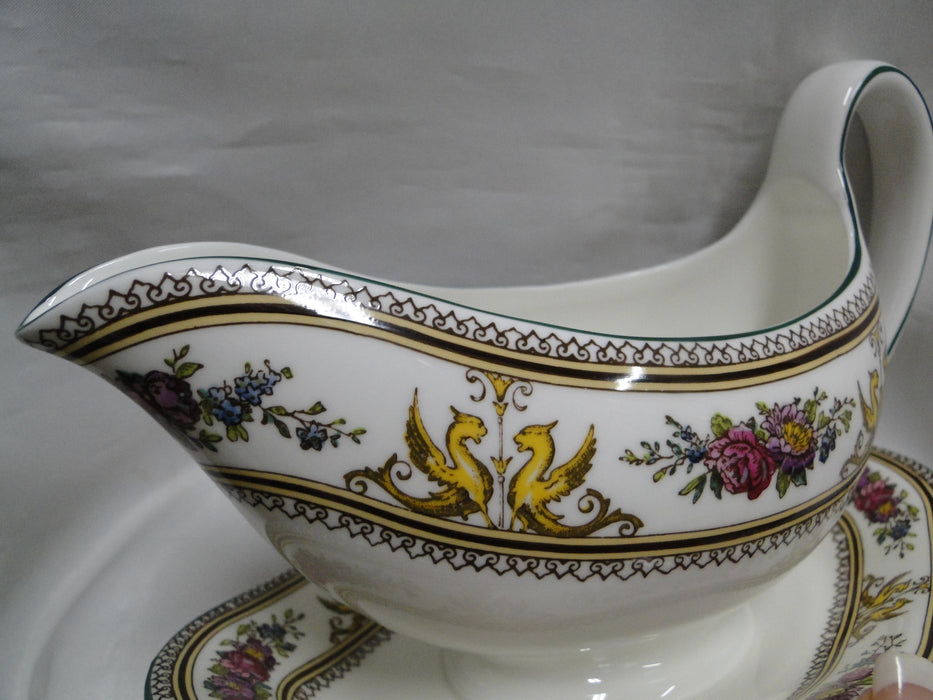 Wedgwood Columbia, White, Green Trim: Gravy Boat w/ Attached Underplate