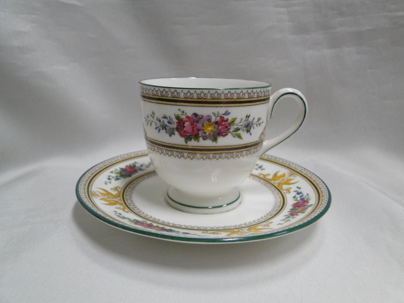 Wedgwood Columbia, White, Medallion, Green Trim: Demi Cup & Saucer Set, As Is