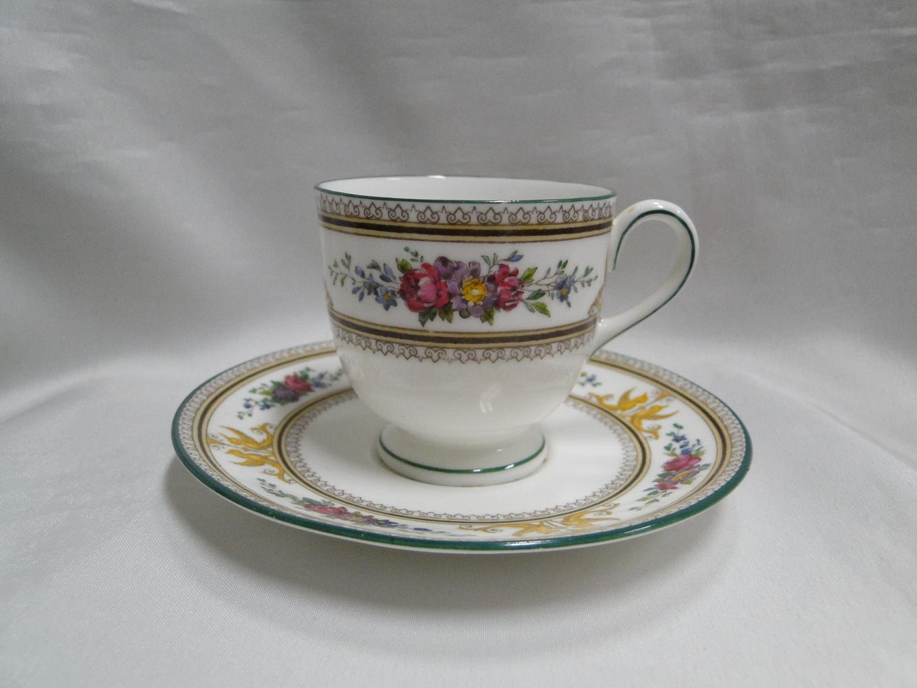 Wedgwood Columbia, White, Medallion, Green Trim: Demi Cup & Saucer Set, Stains