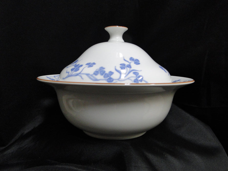 Porsgrund Norway Blue Flowers, Brown Trim: Round Serving Bowl & Lid, 9 3/4"