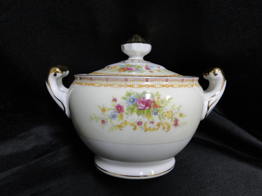Gold China GOC10, Flowers, Tan & Purple Edge: Sugar Bowl & Lid, 4 5/8", As Is